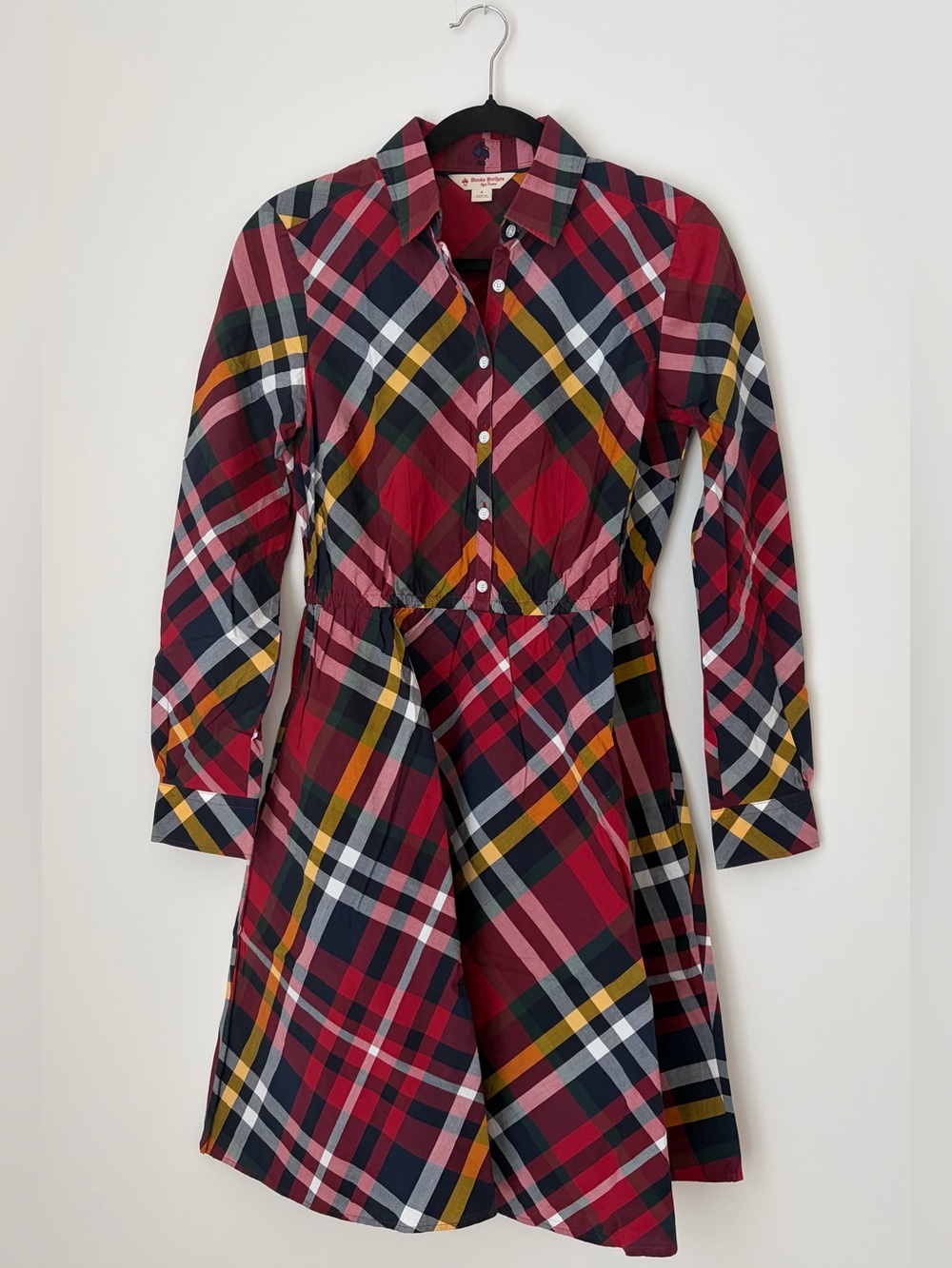 Brooks Brothers Red Navy Yellow Plaid Long-Sleeve Shirt Dress